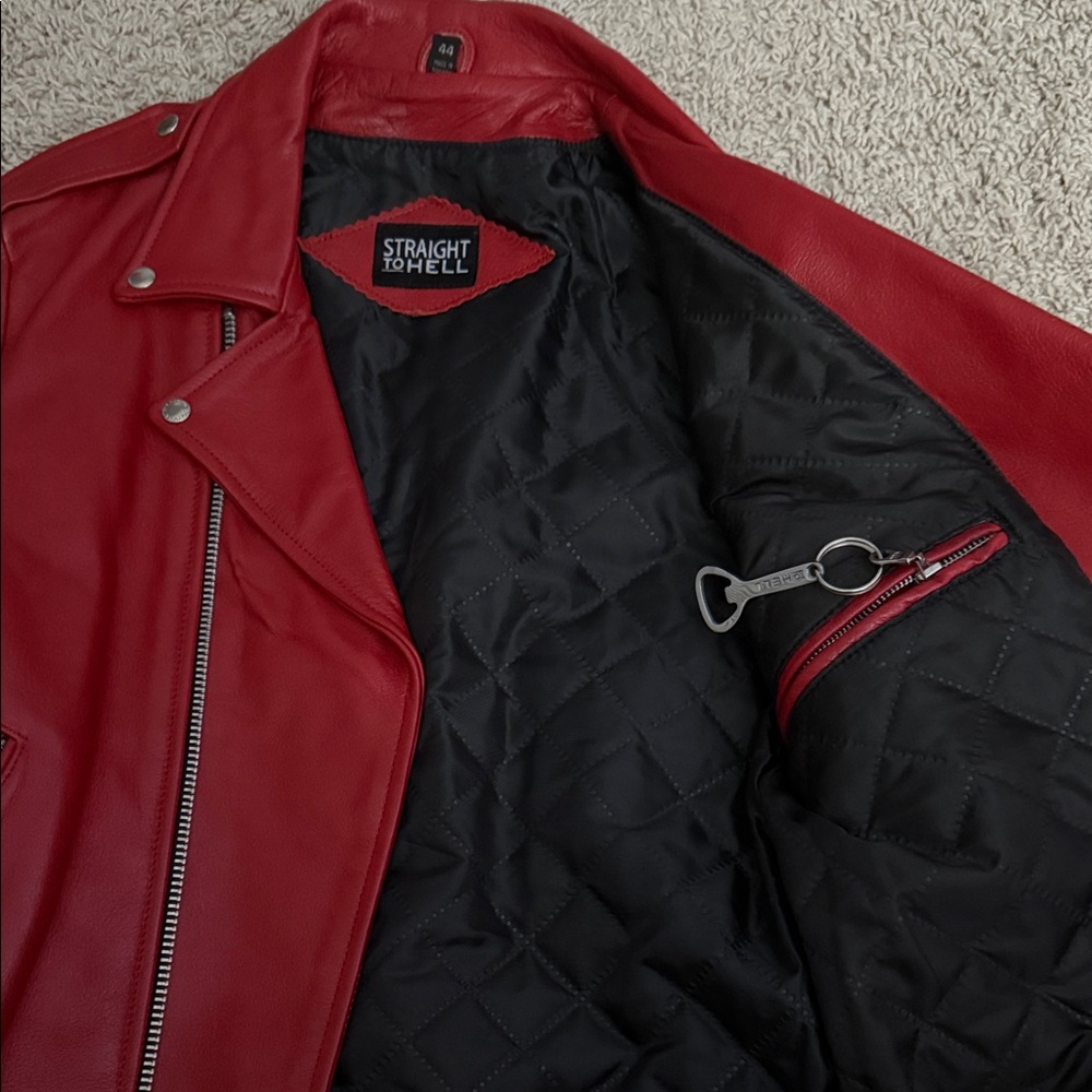 Straight To Hell Red Leather Motorcycle Jacket - Picture 2 of 4